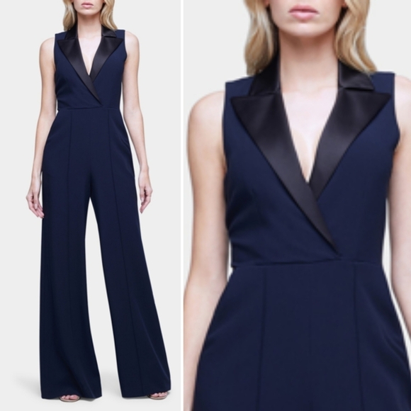 L'AGENCE Jemma Peak Lapel Pleated Jumpsuit In Navy Blue And Black Size 2 Tuxedo - Picture 1 of 14